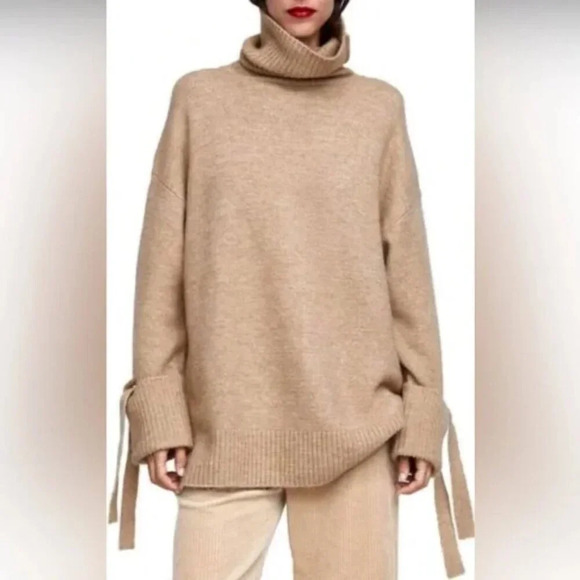 Zara Tie Cuff Turtleneck Knit Sweater Camel Tan Size Medium - Picture 1 of 9